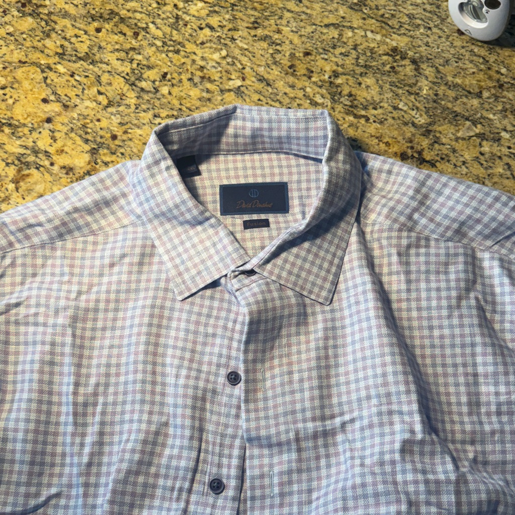 David Donahue Blue Purple And White Checkered Shirt David Donahue Blue Purple And White Checkered Shirt